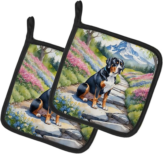 Caroline's Treasures Greater Swiss Mountain Dog Spring Path Pair of Pot Holders Kitchen Heat Resistant Pot Holders Sets Oven Hot Pads for Cooking Baking BBQ, 7 1/2 x 7 1/2