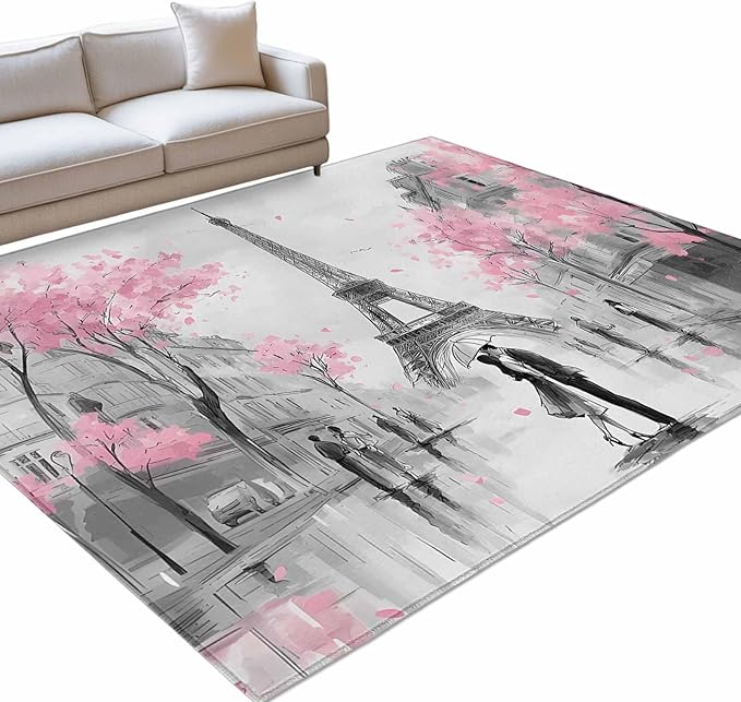 Area Rug 8x10ft, Vintage Towel Couple Pink Flower Washable Rugs for Living Room Bedroom, Watercolor Modern City Scene Soft Non-Slip Area Rugs Rectangle Floor Carpet for Dining Room