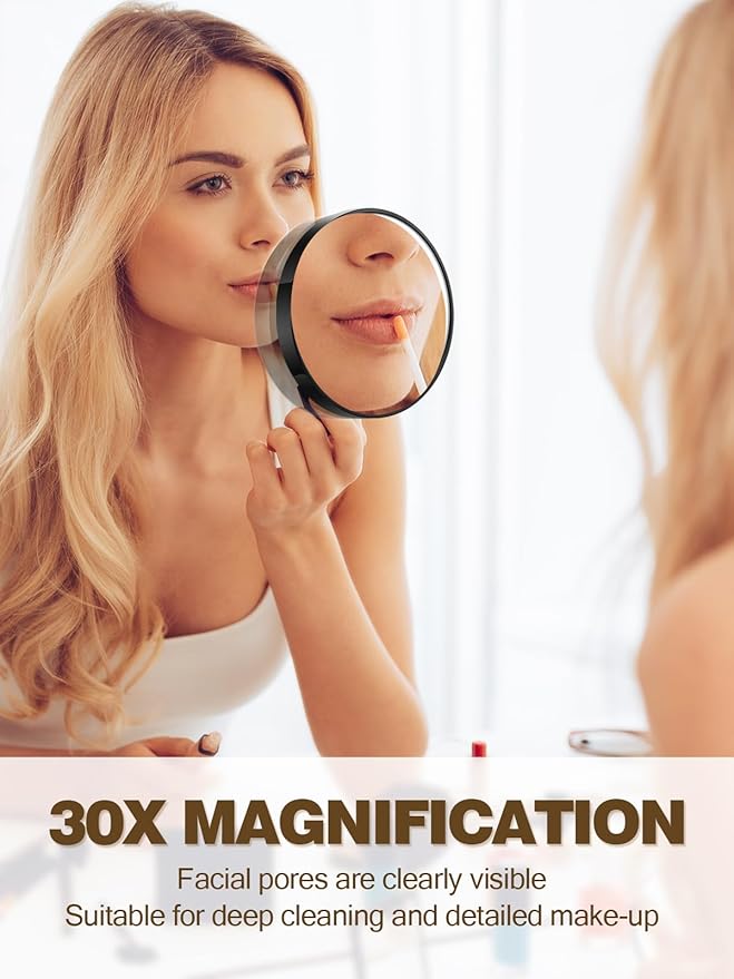 Macaki 30X Magnifying Mirror with 2 Suction Cups, 3.5 inches Magnified Makeup Mirror and Slant Tweezers,Black,1PC