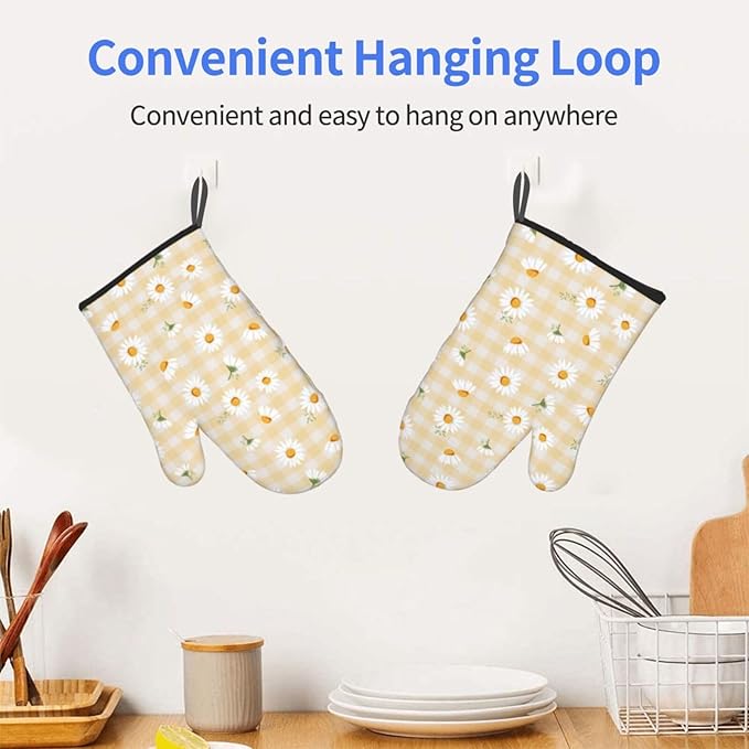 Daisy Flower Oven Mitts of 2 Pack, Funny Kitchen Gloves Heat Resistant Non-Slip Kitchen Mitts for Cooking Baking Grilling
