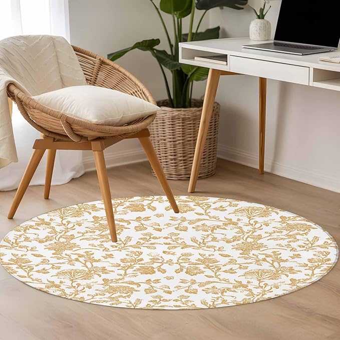 Washable Round Area Rug Vintage Farmhouse Flowers Pattern Circle Rugs Floor Carpet for Living Room Bedroom, Yellow Floral Art Soft Non Slip Round Rug 3ft