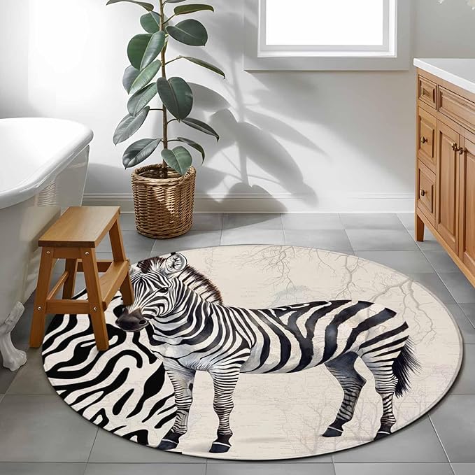Washable Round Area Rug Zebra Black Stripe Animal Portrait Circle Rugs Floor Carpet for Living Room Bedroom, Vintage Tree Branch Soft Non Slip Round Rug 4ft