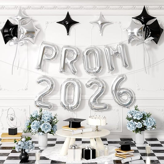 Prom 2026 Balloons Banner, 16 inch Silver letter Balloons Prom 2026 Sign Decoration with Silver Star Balloon for Class of 2026 Congrats Grad Party Birthday Retirement Graduation Party Supplies