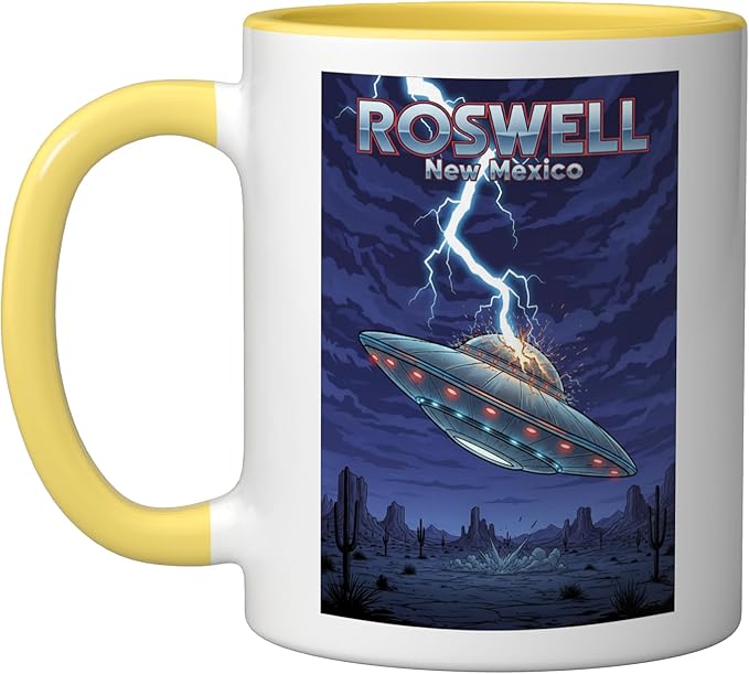 Roswell UFO Flying Saucer New Mexico Souvenir Lightning Ceramic Mug, Yellow/White