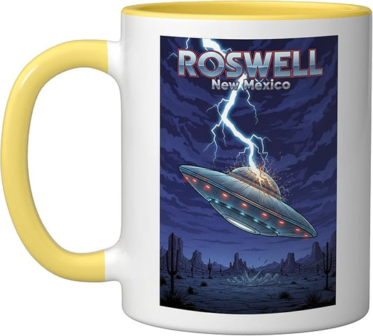 Roswell UFO Flying Saucer New Mexico Souvenir Lightning Ceramic Mug, Yellow/White