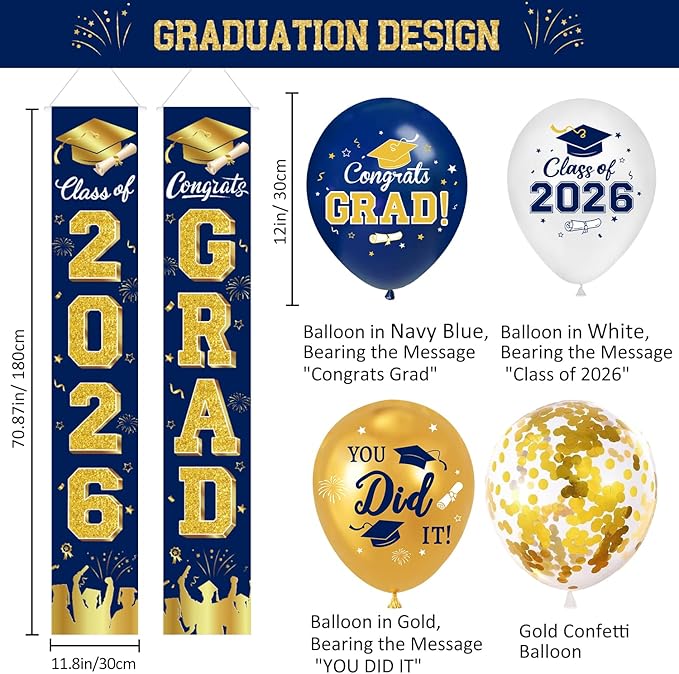 Graduation Navy Blue Gold Decorations Include Grad Backdrop, Banner, Hanging Swirls, Porch Sign, Balloons for Congrats Grad Party Decorations
