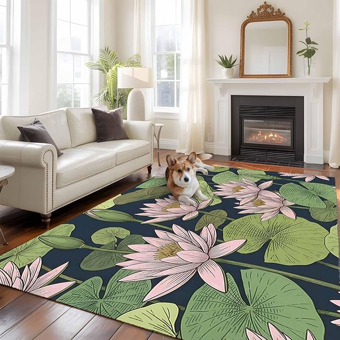 Area Rug 9x12ft, Pink Lotus Water Lily Dark Green Leaves Washable Rugs for Living Room Bedroom Rectangle Floor Carpet, Oriental Style Soft Non-Slip Area Rugs for Dining Room