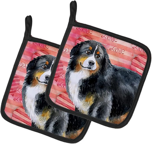 Caroline's Treasures BB9732PTHD Bernese Mountain Dog Love Pair of Pot Holders, Red Kitchen Heat Resistant Pot Holders Sets Oven Hot Pads for Cooking Baking BBQ, 7 1/2 x 7 1/2