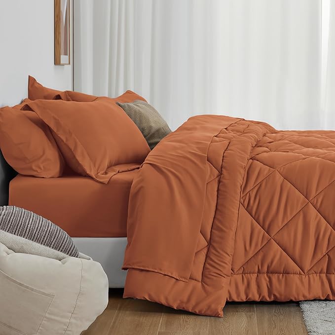 Love's cabin Twin Comforter Set Terracotta, 5 Pieces Twin Bed in a Bag, All Season Bedding Sets with 1 Comforter, 1 Flat Sheet, 1 Fitted Sheet, 1 Pillowcase and 1 Pillow Sham | Soft, Breathable, Lightweight, Comfortable