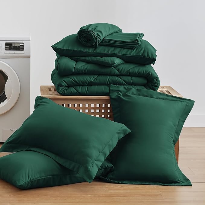 Love's cabin California King Comforter Set Dark Green, 7 Pieces California King Bed in a Bag, All Season Bedding Sets with 1 Comforter, 1 Flat Sheet, 1 Fitted Sheet, 2 Pillowcase and 2 Pillow Sham | Soft, Breathable, Lightweight, Comfortable