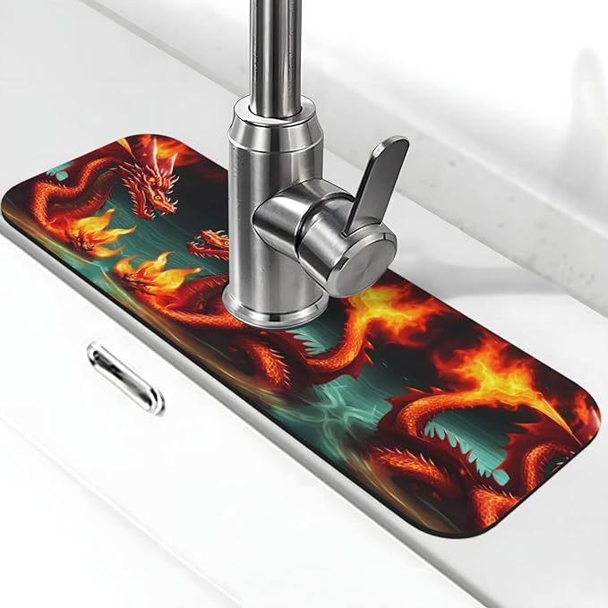 Dragon King in Fire Printed Faucet Absorbent mat, Suitable for bathrooms, Kitchens, and Other Sink Areas.
