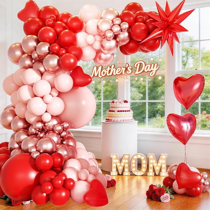 KARLURE Mothers Day Balloon Arch Kit for Mothers Day Decorations, Pink Red Rose Gold Balloons Heart Balloons for Happy Mothers Day Baby Shower Bridal Shower Wedding Birthday Party Decorations