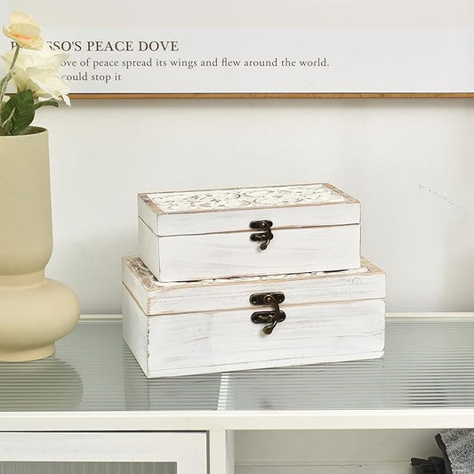 DECOR4SEASON White Wooden Storage Box Set of 2 - Distressed White-Washed Decorative Boxes with Hinged Lids - Hand Carved Solid Pine Organizer for Jewelry, Keepsakes, and Shabby Chic Home Décor