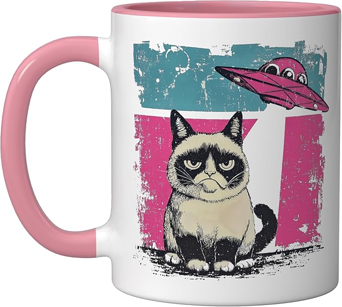 Retro UFO Ragdoll Cat Alien Sci Fi Space Funny Ceramic Mug, Pink/White