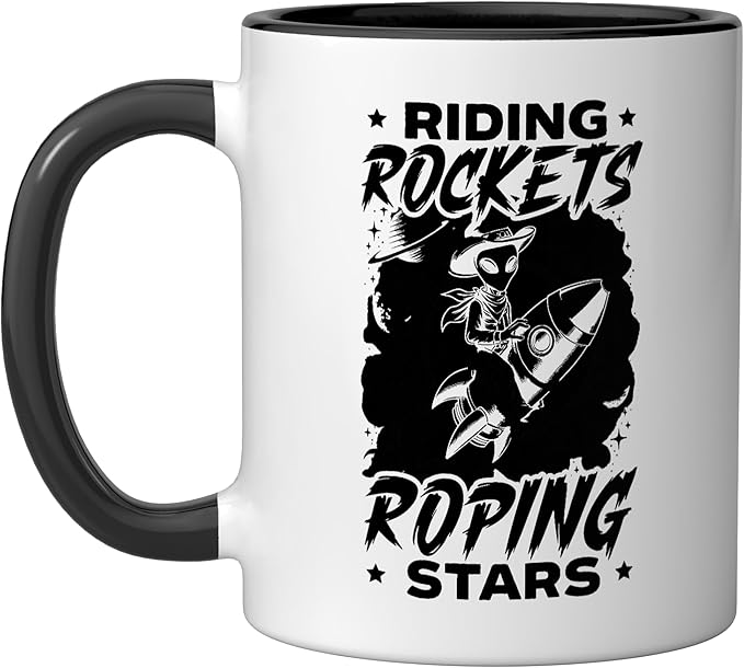 Alien Lover Flying Saucer UFO Extraterrestrial Cowboy Ceramic Mug, Black/White