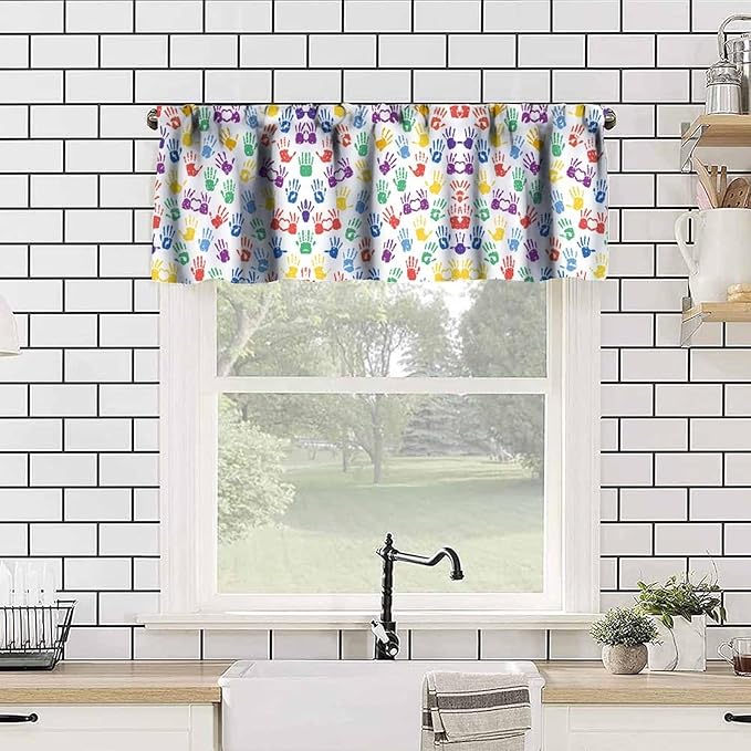 Colorful Handprint Valance, Back to School First Day Kids Students Short Window Treatment for Kitchen Bedroom School Classroom, 54x18Inch