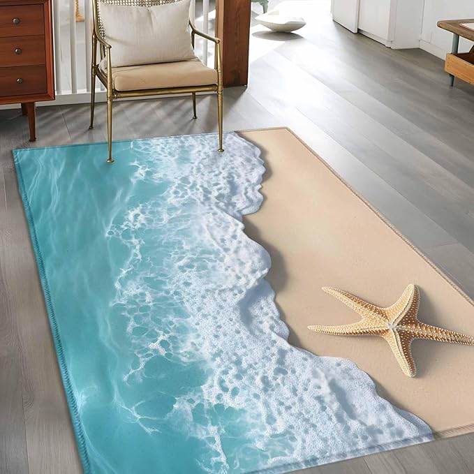 Area Rug 4x6ft, Beach Starfish Teal Sea Water Washable Rugs for Living Room Bedroom, Summer Ocean Theme Soft Non-Slip Area Rugs Rectangle Floor Carpet for Dining Room
