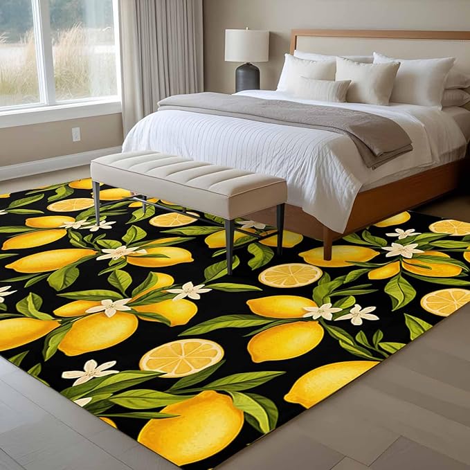 Area Rug 6x9ft, Summer Lemon Flower Washable Rugs for Living Room Bedroom, Plant on Black Soft Non-Slip Area Rugs Rectangle Floor Carpet for Dining Room