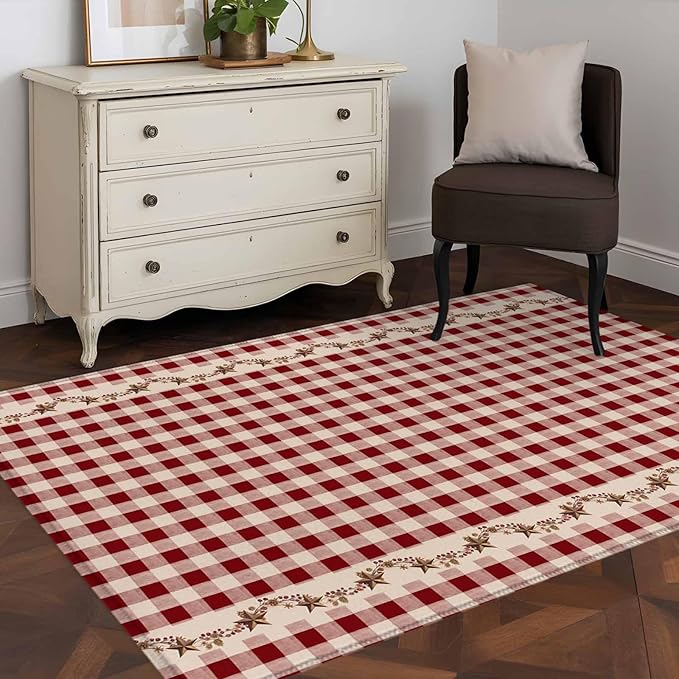 Area Rug 4x6ft, Vintage Red Buffalo Plaid Berry Washable Rugs for Living Room Bedroom, Farmhouse Western Star Soft Non-Slip Area Rugs Rectangle Floor Carpet for Dining Room