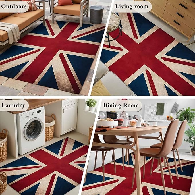 Area Rug 3x5ft, Vintage Union Jack Flag Washable Rugs for Living Room Bedroom, Reerto Flags of The United Kingdom Soft Non-Slip Area Rugs Rectangle Floor Carpet for Dining Room