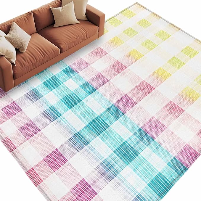 Area Rug 6x9ft, Easter Red Yellow Blue Stripes Washable Rugs for Living Room Bedroom, Abstract Buffalo Plaid Soft Non-Slip Area Rugs Rectangle Floor Carpet for Dining Room
