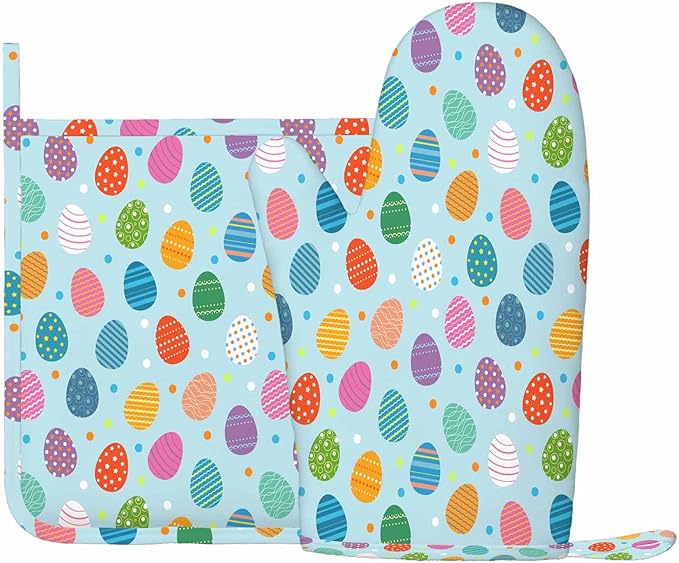 Mxocom Easter Eggs Oven Mitt and Pot Holder with Silicone Easter Colored Eggs on Blue Background Heat Resistant Kitchen for Cooking BBQ Baking Grilling Spring/Summer
