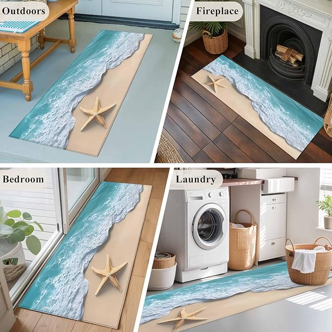 Runner Rug for Bedroom Hallway, Beach Starfish Teal Sea Water Kitchen Runner Rugs Area Rug 2x6ft, Summer Ocean Theme Washable Soft Floor Carpet for Entryway Stair
