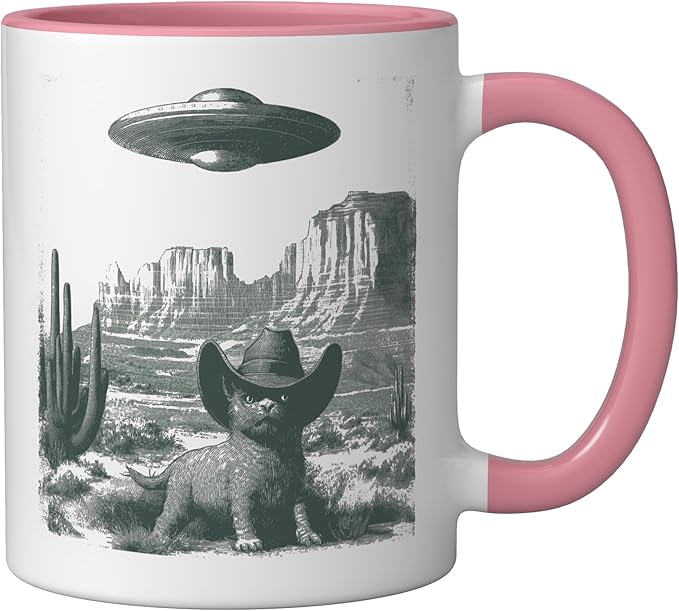 Desert Cat in Hat UFO Encounter Vintage Engraving Ceramic Mug, Pink/White