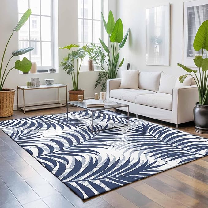 Area Rug 8x10ft, Abstract Navy Blue Palms Leaves Washable Rugs for Living Room Bedroom, Summer Botantical Soft Non-Slip Area Rugs Rectangle Floor Carpet for Dining Room