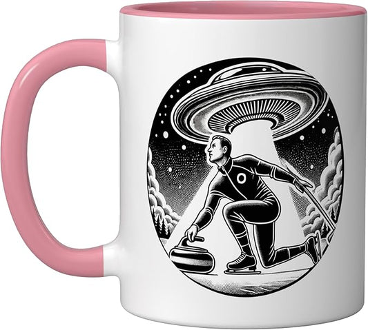 Curling Curl Curler Sport Men Guys Male Ice Outer Space Ceramic Mug, Pink/White