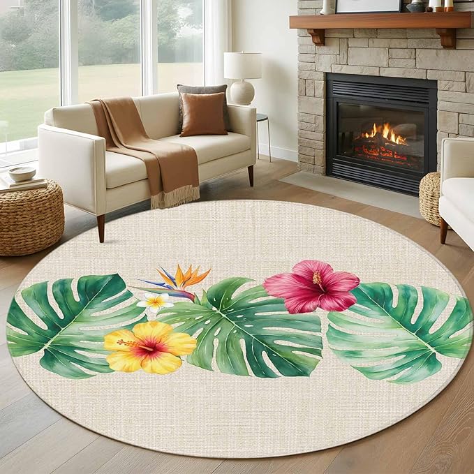 Washable Round Area Rug Country Monstera Hibiscus Foliage Circle Rugs Floor Carpet for Living Room Bedroom, Tropical Plant Vintage Linen Soft Non Slip Round Rug 5ft