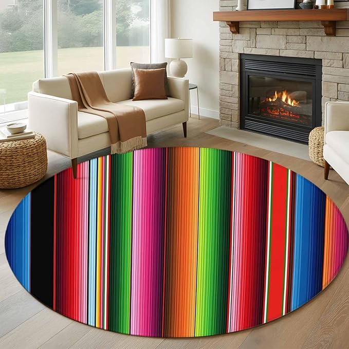 Washable Round Area Rug Mexico Art Colorful Stripes Circle Rugs Floor Carpet for Living Room Bedroom, Color Gradient Lines Soft Non Slip Round Rug 5ft