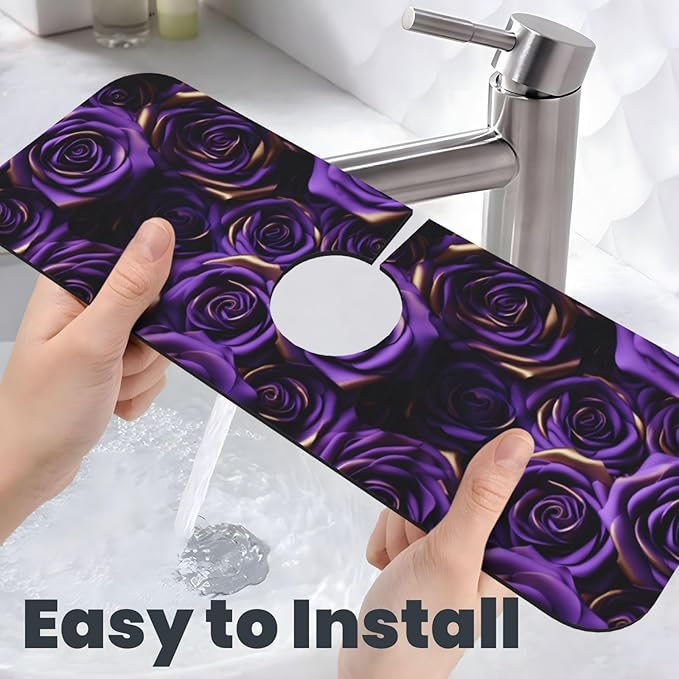 Purple Roses Kitchen Sink Splash Guard Faucet Mat Absorbent Faucet Draining Pad with Hole for Kitchen Bathroom 15" X 5.5"