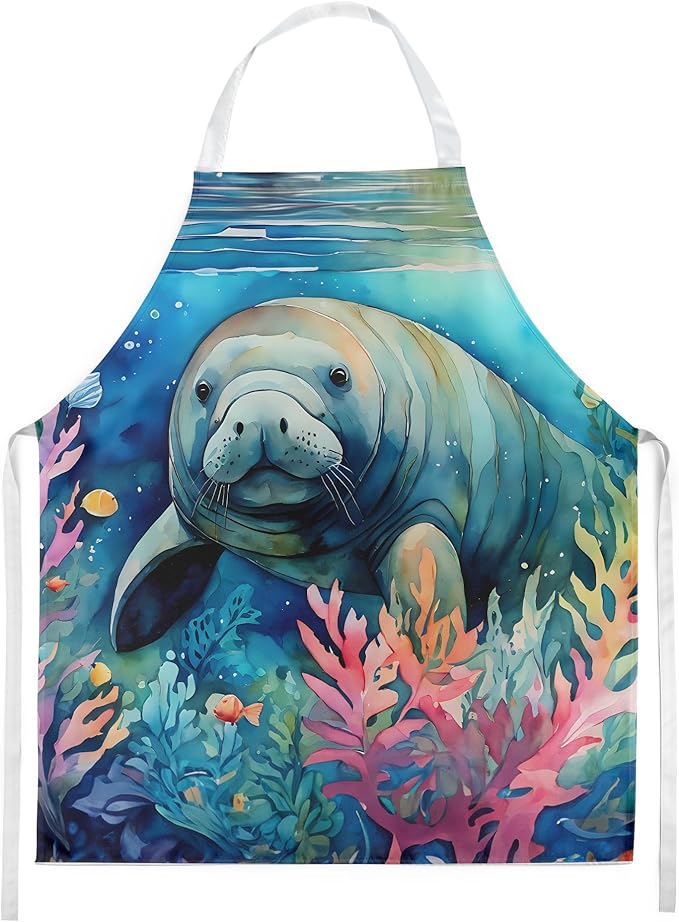 Caroline's Treasures Manatee Apron Cooking Kitchen Server Baking Crafts Gardening for Adult Women Men, Unisex, Large, Multicolor