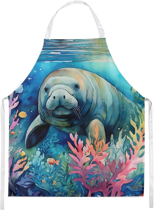 Caroline's Treasures Manatee Apron Cooking Kitchen Server Baking Crafts Gardening for Adult Women Men, Unisex, Large, Multicolor