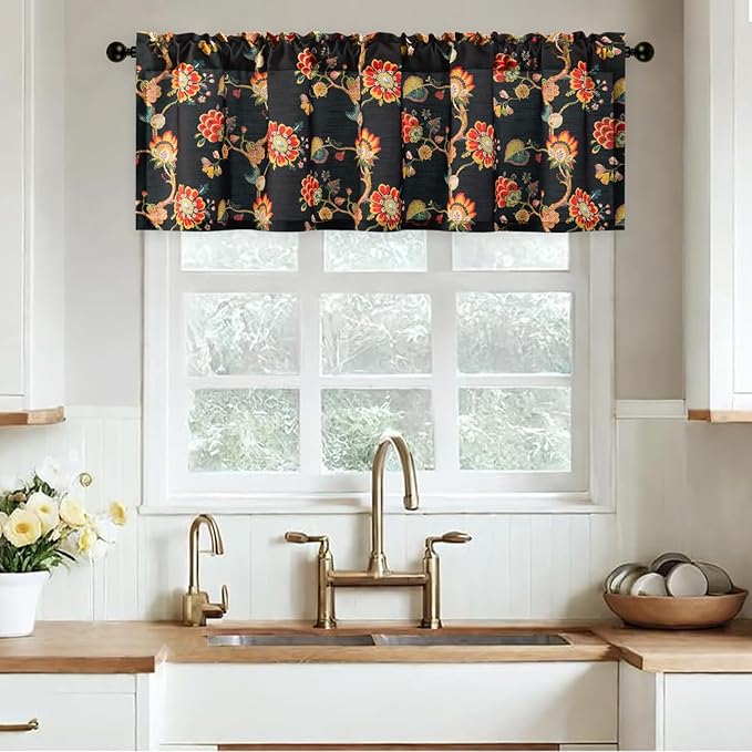 Leeva Decorative Botanical Valance Curtain – Light Filtering Linen Window Drapery with Rod Pocket for Bedroom, Farmhouse, Kitchen & Living Room, 60" W x 18" L, 1 Panel