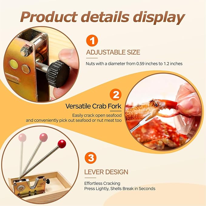 Heavy Duty Nut Cracker Tool, 6 Pcs NutCracker Tool Set for Pecans Walnuts Macadamia Hazelnuts Nut Crackers for All Nuts, 4 Picks & 1 Cleaning Brush, Wooden Base