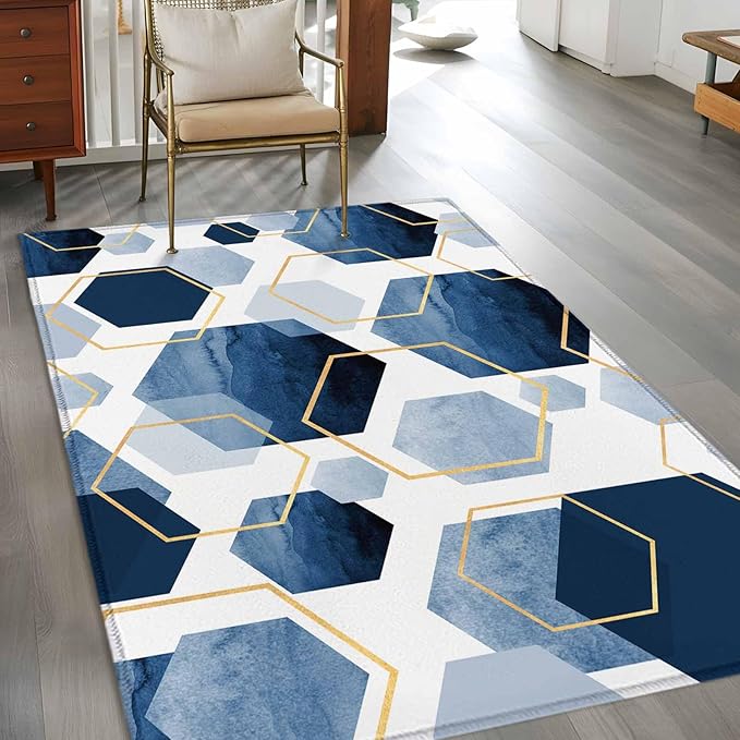 Area Rug 4x6ft, Watercolor Blue Hexagon Washable Rugs for Living Room Bedroom, Abstract Geometric Art Soft Non-Slip Area Rugs Rectangle Floor Carpet for Dining Room