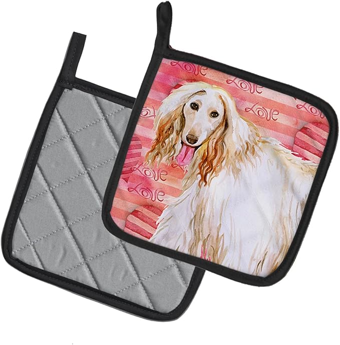 Caroline's Treasures BB9789PTHD Afghan Hound Love Pair of Pot Holders, Red Kitchen Heat Resistant Pot Holders Sets Oven Hot Pads for Cooking Baking BBQ, 7 1/2 x 7 1/2