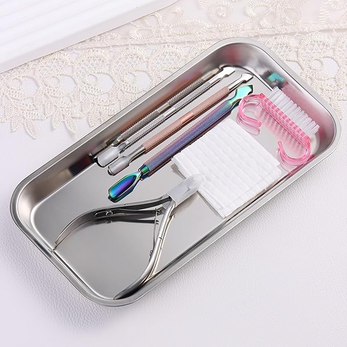 SUTOKAKA Decorative Serving Tray, Manicure Tools Storage Dish, Perfume Jewelry Dinner Placing Plate for Bedroom Kitchen Salon Supplies (Silver - 2PC, 8.86 * 4.61 * 0.79 INCH)