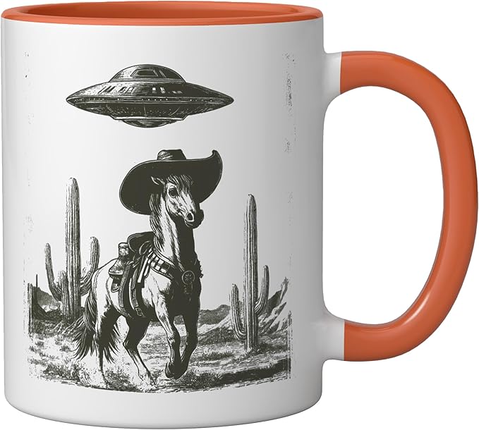 Funny Alien UFO Cowboy Horse Desert Cactus Western Graphic Ceramic Mug, Orange/White