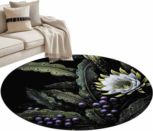 Washable Round Area Rug Watercolor Flower Berry Leaves Circle Rugs Floor Carpet for Living Room Bedroom, Botanical Plant Dark Style Soft Non Slip Round Rug 4ft