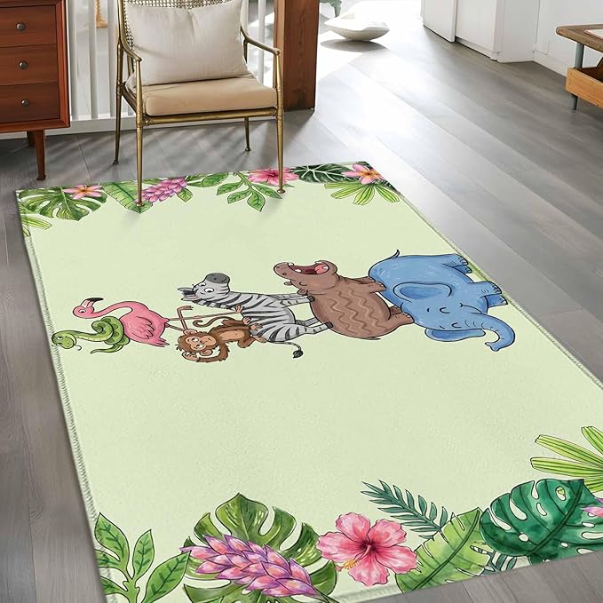 Area Rug 3x5ft, Funny Elephant Zebra Flamingo Washable Rugs for Living Room Bedroom, Tropical Leaves Floral Soft Non-Slip Area Rugs Rectangle Floor Carpet for Dining Room