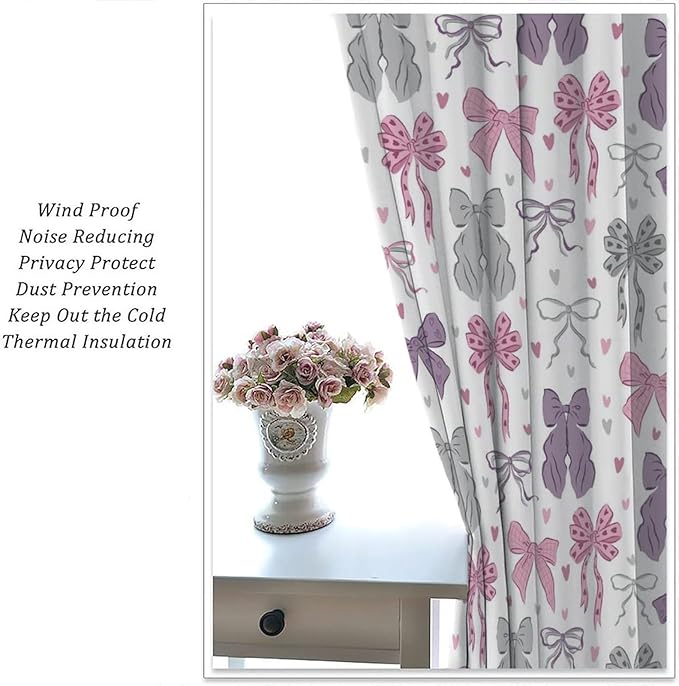 Bowknot Blackout Curtain,Kids Girls Cute Bow Tie Print Pink Purple Window Curtains for Dining Room Living Room Kitchen Cafe Bedroom Office Nursery Drapes,55x63 in