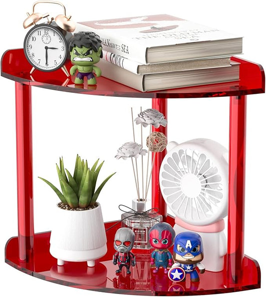 Sezanrpt 2 Tier Countertop Corner Organizer Shelf 7x7x8 Inch, Red Acrylic Bathroom Corner Shelf for Countertop, Vanity Storage for Skincare, Cosmetics, Perfume