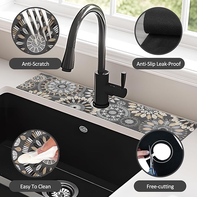 24" X 5.5" Kitchen Sink Splash Guard Faucet Mat Mandala Super Absorbent Fast Drying Faucet Guard & Draining Mat Sink Splash Guard Behind Faucet for Kitchen, Bathroom