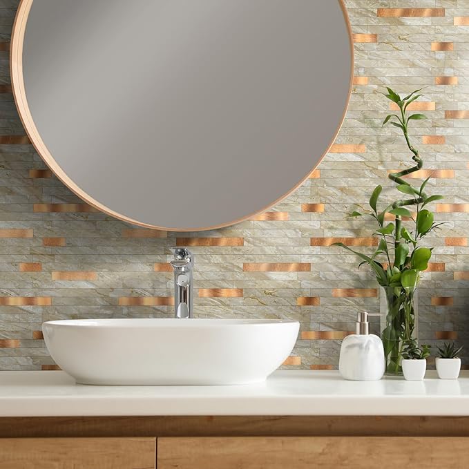 Yipscazo 10 Sheets Peel and Stick Stone Metal Tile Backsplash, Stick on Tiles for Backsplash Kitchen, Bathroom, Laundry Room, Camper, Fireplace (12'' X 12'', Polished Beige)