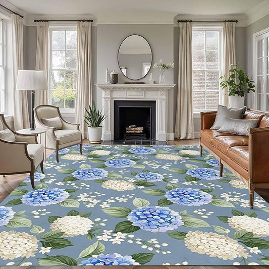 Area Rug 9x12ft, Watercolor Purple White Hydrangea Washable Rugs for Living Room Bedroom Rectangle Floor Carpet, Spring Flower on Gray Blue Soft Non-Slip Area Rugs for Dining Room