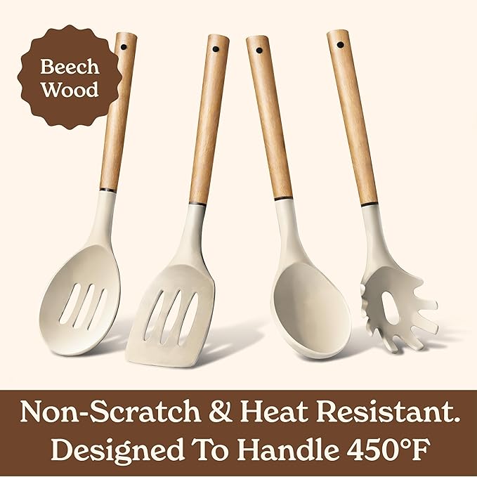 Country Kitchen Non Stick Silicone Utensil Set with Rounded Wood Handles for Cooking and Baking, 8 Piece Set, Khaki