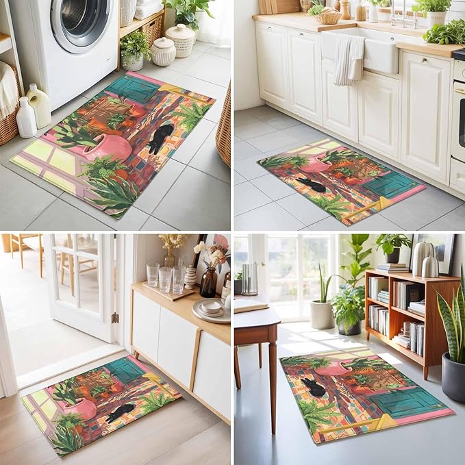 Area Rug 2x3ft, Sleeping Cat Pink Sunlit Room Washable Rugs for Living Room Bedroom, Potted Plants Soft Non-Slip Area Rugs Rectangle Floor Carpet for Dining Room